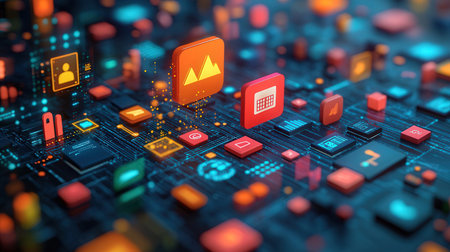 Futuristic user interface with icons and symbols. 3d renderingの素材