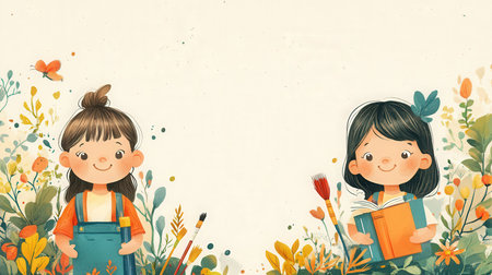 Cute little girls holding books and paintbrushes. Vector illustration.の素材