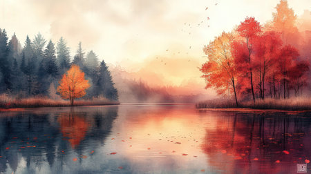 Autumn landscape with lake and forest in fog. Digital painting.の素材