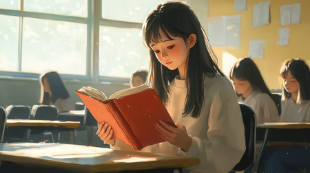 Beautiful asian girl reading a book in classroom. Education concept.の素材