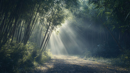 Morning in the bamboo forest with fog and sunbeams in morningの素材
