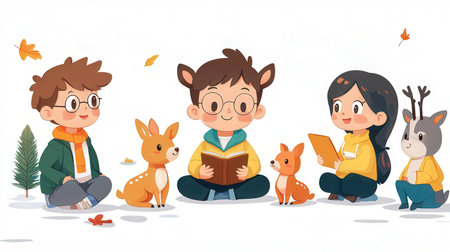 Vector illustration of children reading books in the park. Cartoon style.の素材