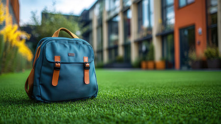 Blue leather backpack on green grass in front of modern school building.の素材