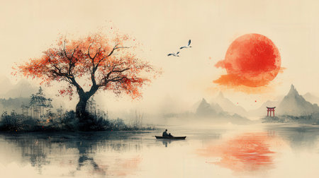 Chinese landscape with big tree, boat and sunset. Digital painting.の素材