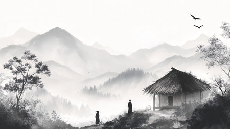 Digital painting of a man and woman standing by a hut in the mountainsの素材