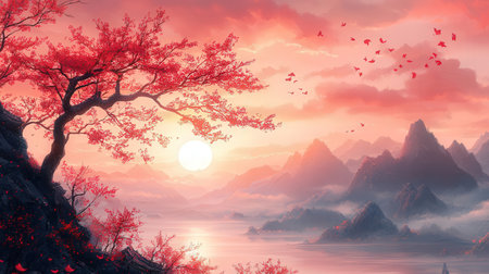 Fantasy landscape with a tree and mountains in a misty morningの素材