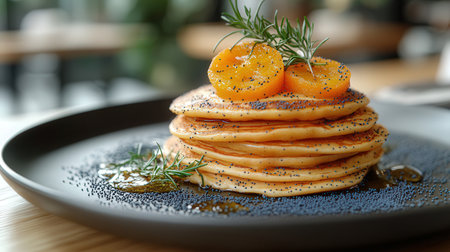 Plate with tasty pancakes and tangerines on table, closeupの素材