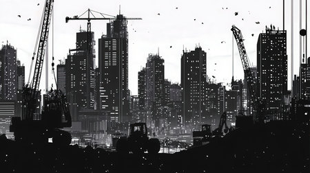 Silhouette of construction site with cranes and buildings. Mixed mediaの素材
