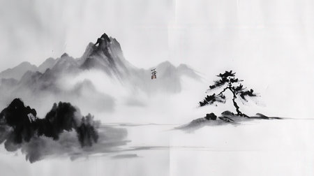 Japanese-style painting of a mountain and a tree in the foregroundの素材