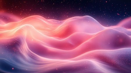 Abstract 3d rendering of pink wavy background with glowing particles.の素材