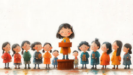 Group of children and teacher in the classroom with white wall background.の素材