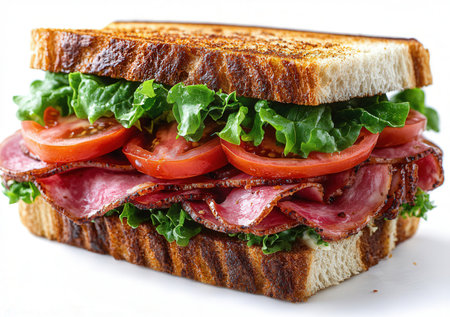 Sandwich with salami, lettuce and tomatoes on a white backgroundの素材