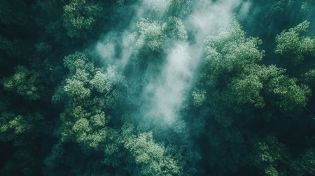 Aerial view of foggy forest. Foggy forest with fog.の素材