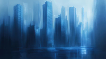 abstract scene of modern city with skyscrapers in blue toneの素材