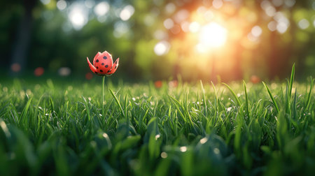 Red ladybug on green grass background. Spring and summer concept.の素材