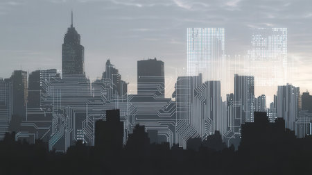 Double exposure of modern cityscape with skyscrapers and digital interfaceの素材