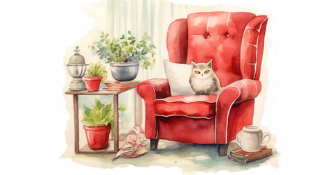 Illustration of a cute cat sitting on a red armchair.の素材