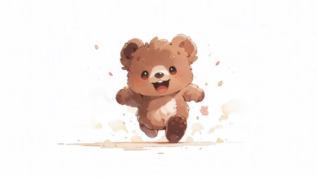 Cute teddy bear jumping on white background. Watercolor illustrationの素材