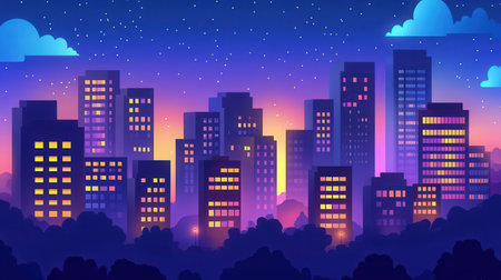 Night city landscape with buildings and lights. Vector illustration in neon style.の素材