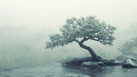Bonsai tree in the rain with blurred water and mist backgroundの素材
