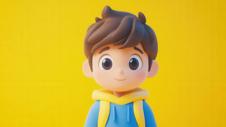 Cute boy wearing superhero costume on yellow background. 3d renderingの素材