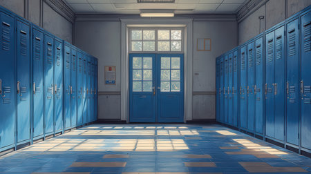 3D render of a school corridor with blue lockers and windowsの素材