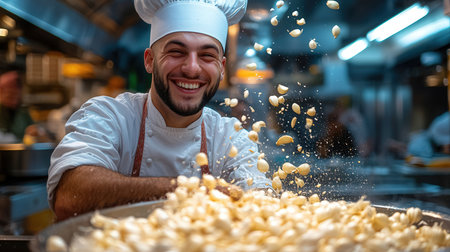 Chef in the kitchen of a restaurant making a gnocchiの素材