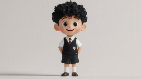 3d illustration of a cute little boy with black curly hair wearing school uniformの素材