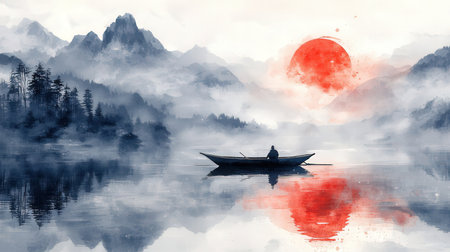 Fishing boat in the misty mountain lake. Digital painting.の素材