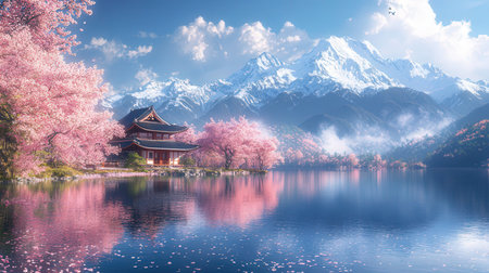 Beautiful japanese temple with cherry blossom and snow mountainの素材
