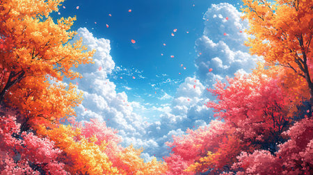 Autumn background with colorful leaves and cloudy sky. 3d renderingの素材