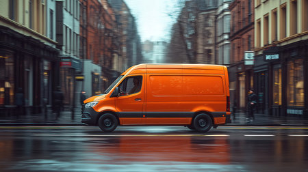 Orange delivery van on the street in the city. 3d renderingの素材