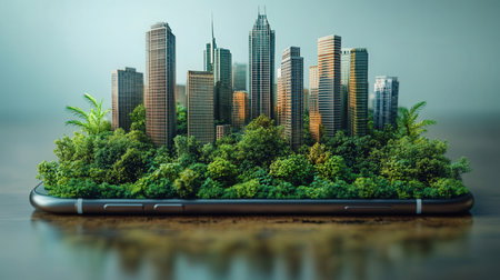 Modern city concept on the smart phone screen. 3d rendering.の素材