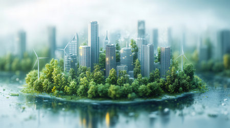 Modern city with green trees and wind turbines. 3d rendering.の素材