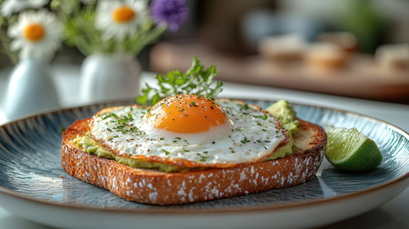 Delicious toast with fried egg on plate in cafe, closeupの素材