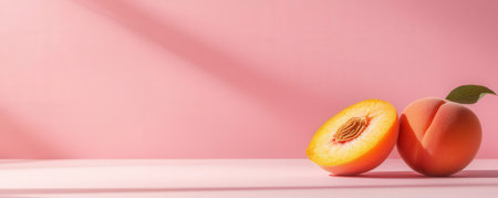 Peach fruit with green leaf on pastel pink background. Minimal concept.の素材