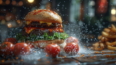 Hamburger with splash of water on wooden table, closeupの素材