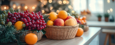 Fruits in basket on table in kitchen with Christmas tree in backgroundの素材