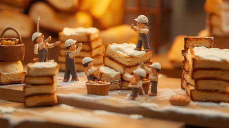 Miniature people working at the bakery. Conceptual photo of food industry.の素材