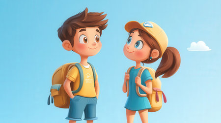 Boy and girl with backpack on the blue background. Cartoon illustration.の素材