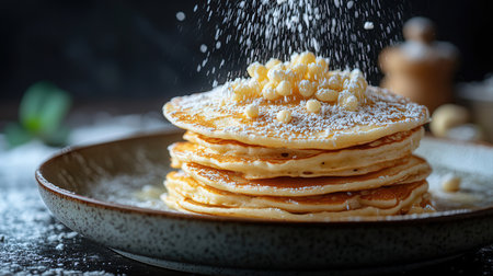 Pancakes with butter and powdered sugar on a dark background.の素材