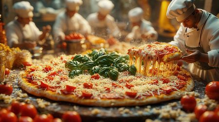 Chef preparing pizza in the kitchen of a pizzeria, close-upの素材