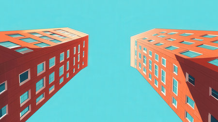 Modern apartment buildings on a blue background. 3d render illustration.の素材