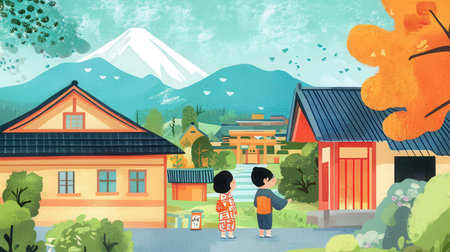 Cartoon illustration of Chinese village in the autumn. Vector illustration.の素材