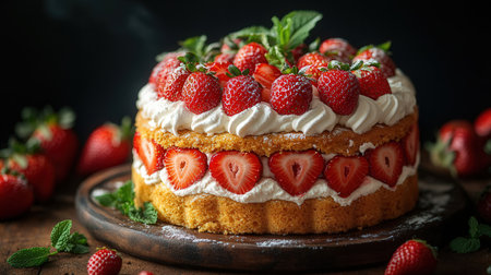 Strawberry cake with whipped cream and fresh strawberries on a dark backgroundの素材