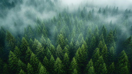Foggy morning in the coniferous forest, aerial viewの素材
