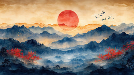 Chinese landscape painting. Watercolor hand drawn illustration of mountains, sky, clouds and sun.の素材