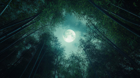 Bamboo forest and full moon in the sky, 3d renderの素材