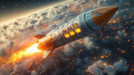 Space rocket flying in the sky. 3D rendering. Elements of this image furnished by NASAの素材
