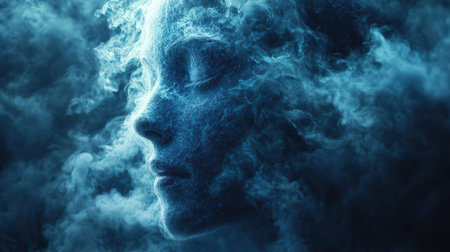 Face of a beautiful woman made of blue smoke on a dark backgroundの素材
